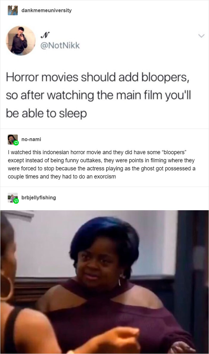 Meme post from Super Culture about horror movie bloopers followed by a humorous reaction image in an indoor setting.