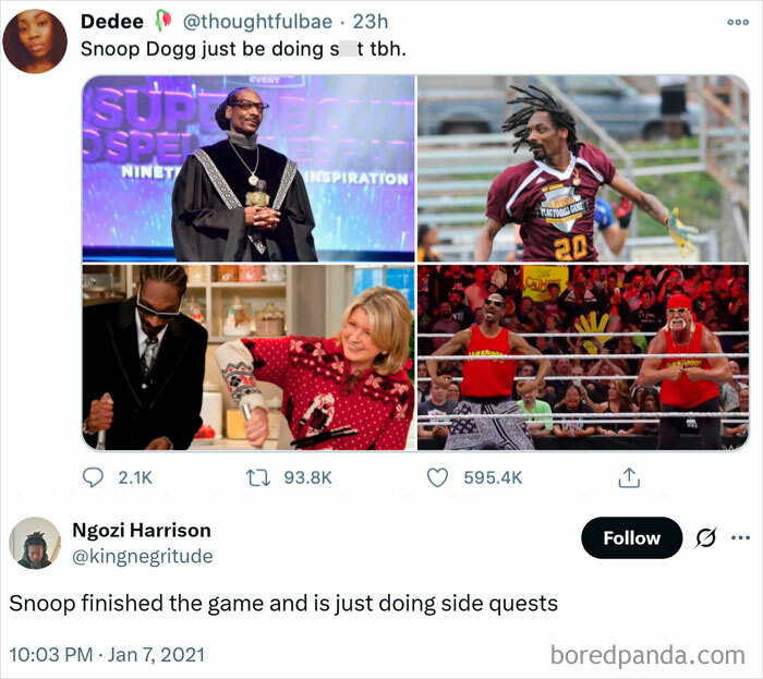 Collage of Snoop Dogg in various entertaining moments, reflecting super culture memes and posts for fighting boredom.