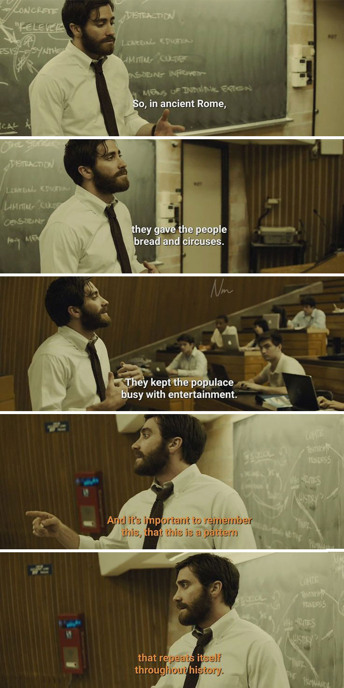 Man giving a lecture about entertainment patterns in history, related to super culture and fighting boredom.