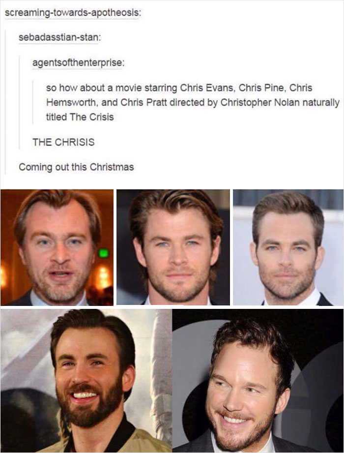 Humorous meme about a fictional movie featuring Chris Evans, Chris Pine, Chris Hemsworth, and Chris Pratt in super culture.