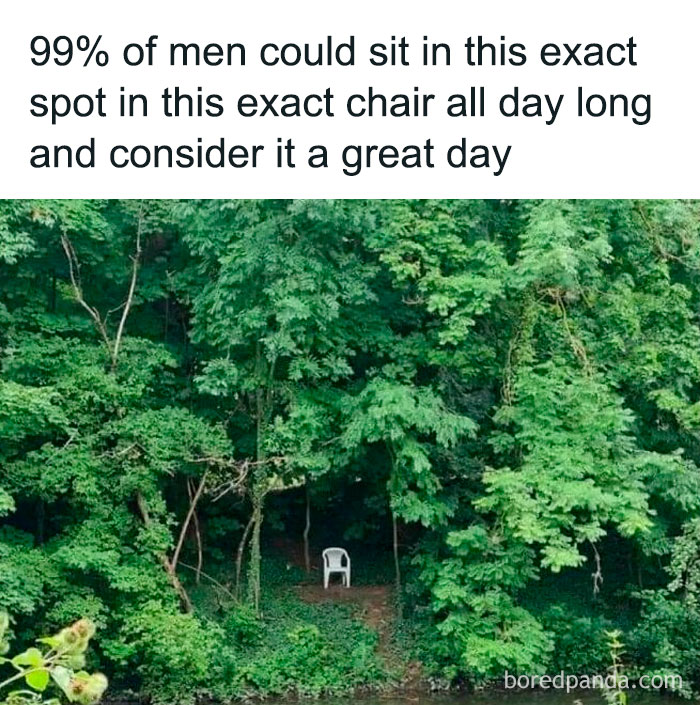 Plastic chair in a serene forest spot by the water, illustrating a hilarious meme to save your day with humor.