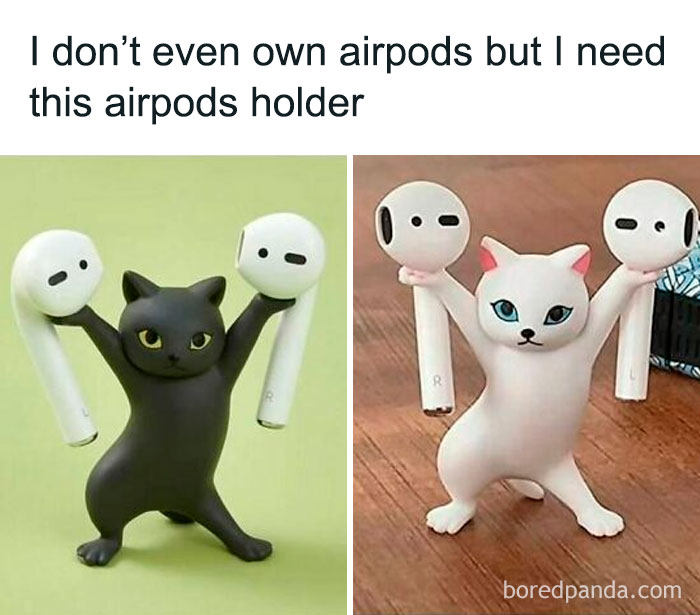 Two cat-shaped AirPods holders, one black and one white, each holding a pair of AirPods, funny meme about AirPods.