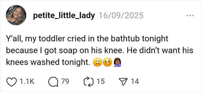 Screenshot of a parenting post about a toddler upset over soap on his knee during bath time, humor in parenting moments.