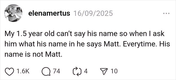 Parenting post about a toddler humorously mispronouncing his own name, shared on social media.