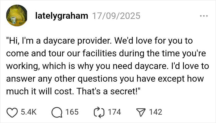 Social media post from a daycare provider humorously addressing questions about daycare costs in parenting posts.