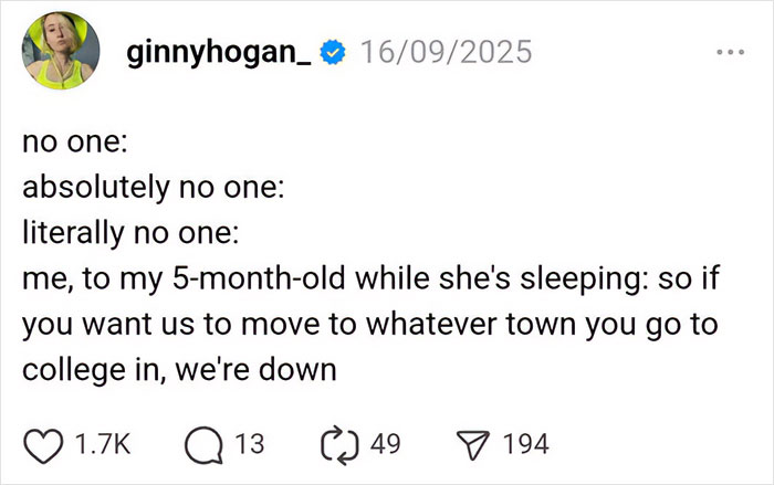 Social media post humor about parenting and talking to a 5-month-old, related to parenting posts and chuckles.