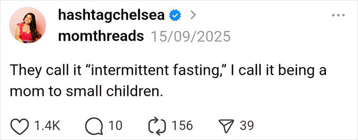 Screenshot of a social media post humorously describing parenting small children as intermittent fasting.