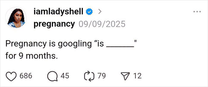 Screenshot of a social media post humorously discussing pregnancy, part of parenting posts that make you chuckle.