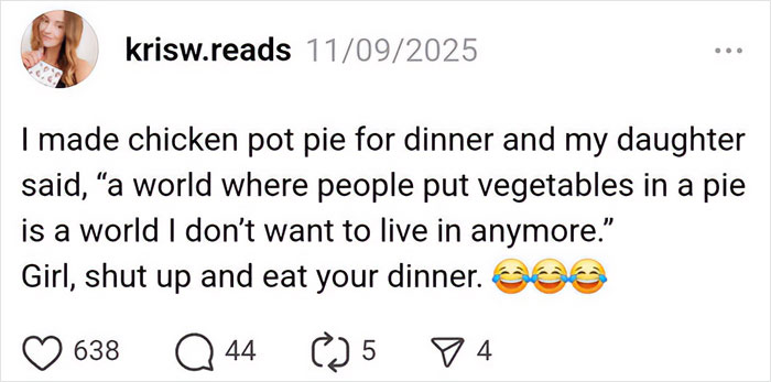 Screenshot of a humorous parenting post about dinner struggles, illustrating funny moments in parenting posts.