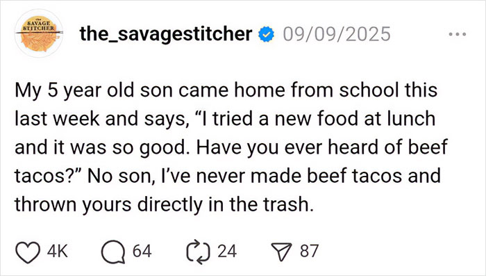 Social media post sharing a humorous parenting moment about kids trying new foods and beef tacos.