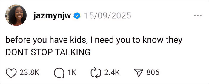 Social media post humor about parenting and kids talking nonstop, highlighting relatable parenting moments.