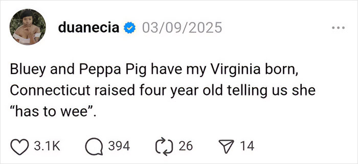 Parenting post humor with a toddler's funny quote about needing to pee, highlighting relatable parenting moments.