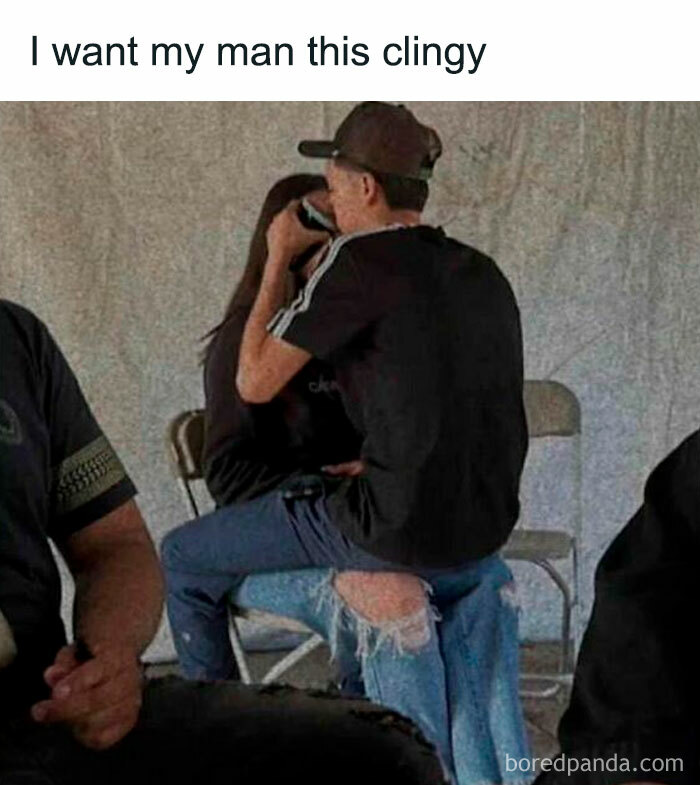 Couple sitting closely with a clingy embrace, illustrating funny and relatable posts about navigating the world as just a girl.