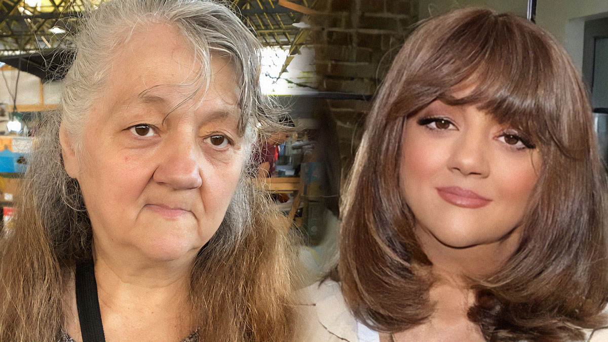 Before and after photo of woman transformed with makeup to look like Hollywood stars at a makeup studio.
