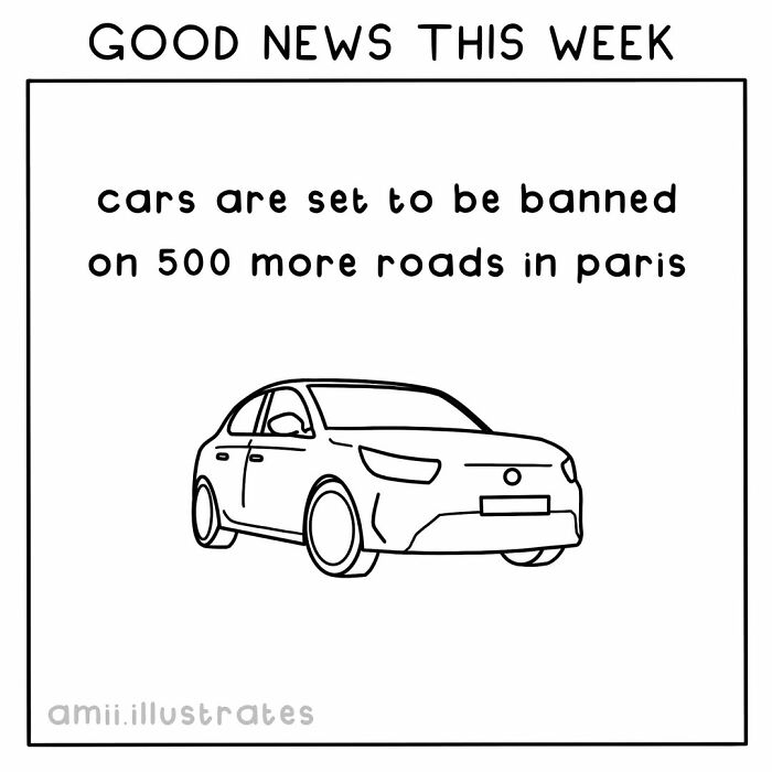 Good news illustration showing cars banned on 500 more roads in Paris as positive things that happened this year.