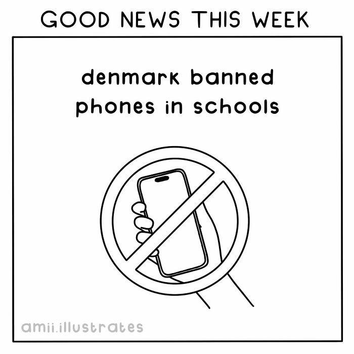 Good news illustration showing Denmark banning phones in schools, highlighting positive things that happened this year.
