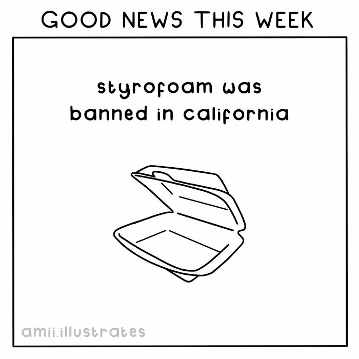 Good news illustration showing styrofoam banned in California as a positive thing that happened this year.