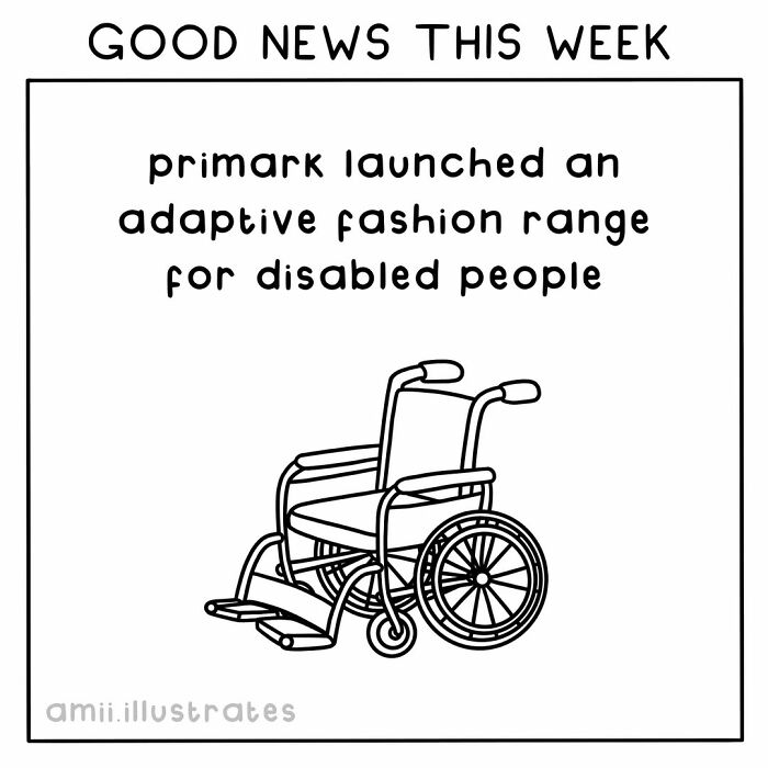 Good news showing Primark launching an adaptive fashion range for disabled people with a wheelchair illustration.