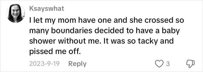 Comment expressing strong opinions on grandmas having a baby shower, highlighting boundary crossing and negative feelings. Comment expressing strong opinions on grandmas having a baby shower, highlighting boundary crossing and negative feelings.