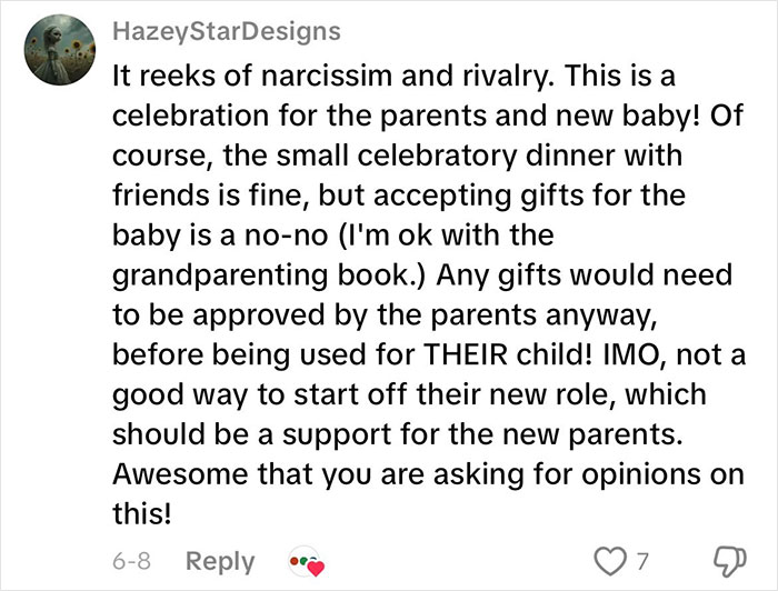 Comment discussing strong opinions on grandmas having a baby shower and the appropriateness of gift acceptance. Comment discussing strong opinions on grandmas having a baby shower and the appropriateness of gift acceptance.
