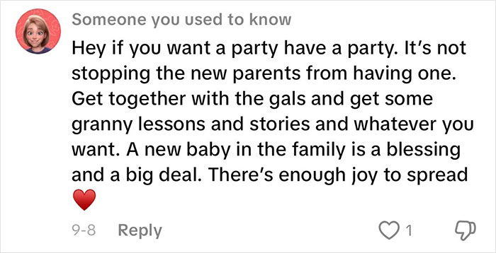 Comment supporting grandmas having a baby shower to celebrate their new status, emphasizing family joy and bonding. Comment supporting grandmas having a baby shower to celebrate their new status, emphasizing family joy and bonding.