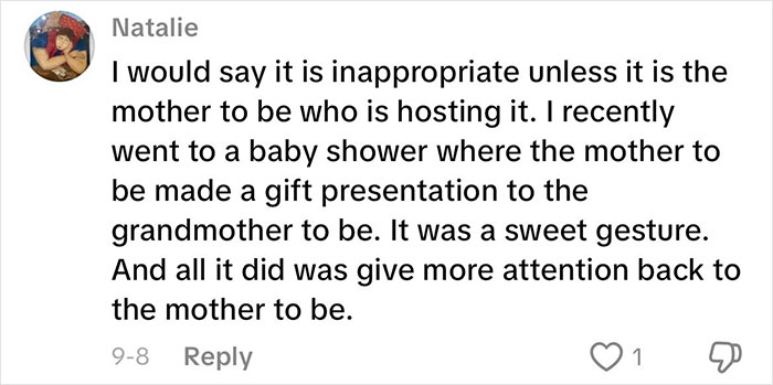 Comment expressing opinions on grandmas having a baby shower to celebrate their new status with mixed feelings. Comment expressing opinions on grandmas having a baby shower to celebrate their new status with mixed feelings.