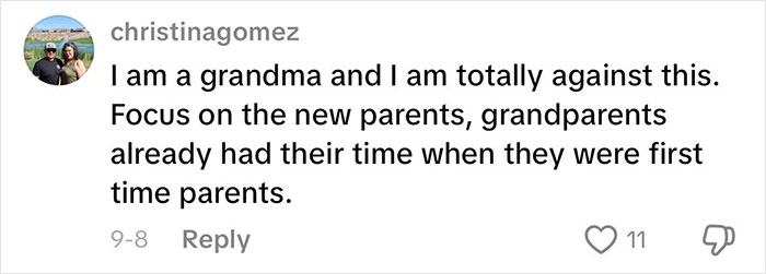 Comment from a grandma strongly opposing baby showers for grandmas, emphasizing focus on new parents instead. Comment from a grandma strongly opposing baby showers for grandmas, emphasizing focus on new parents instead.