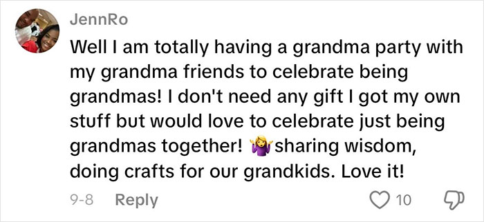 Comment expressing excitement about having a grandma baby shower to celebrate new grandma status and bonding. Comment expressing excitement about having a grandma baby shower to celebrate new grandma status and bonding.