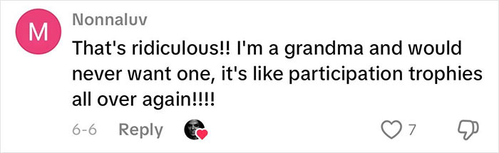Comment expressing strong opinion on grandmas having a baby shower, comparing it to participation trophies. Comment expressing strong opinion on grandmas having a baby shower, comparing it to participation trophies.