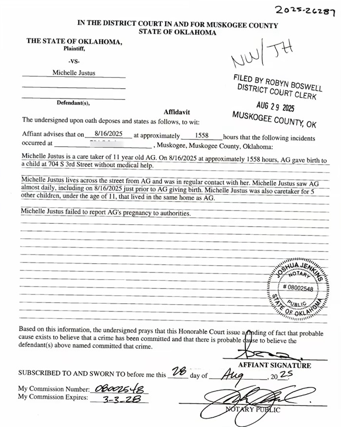 Affidavit document showing details of grandmother arrested after 11-year-old girl allegedly gave birth in Muskogee County. Affidavit document showing details of grandmother arrested after 11-year-old girl allegedly gave birth in Muskogee County.