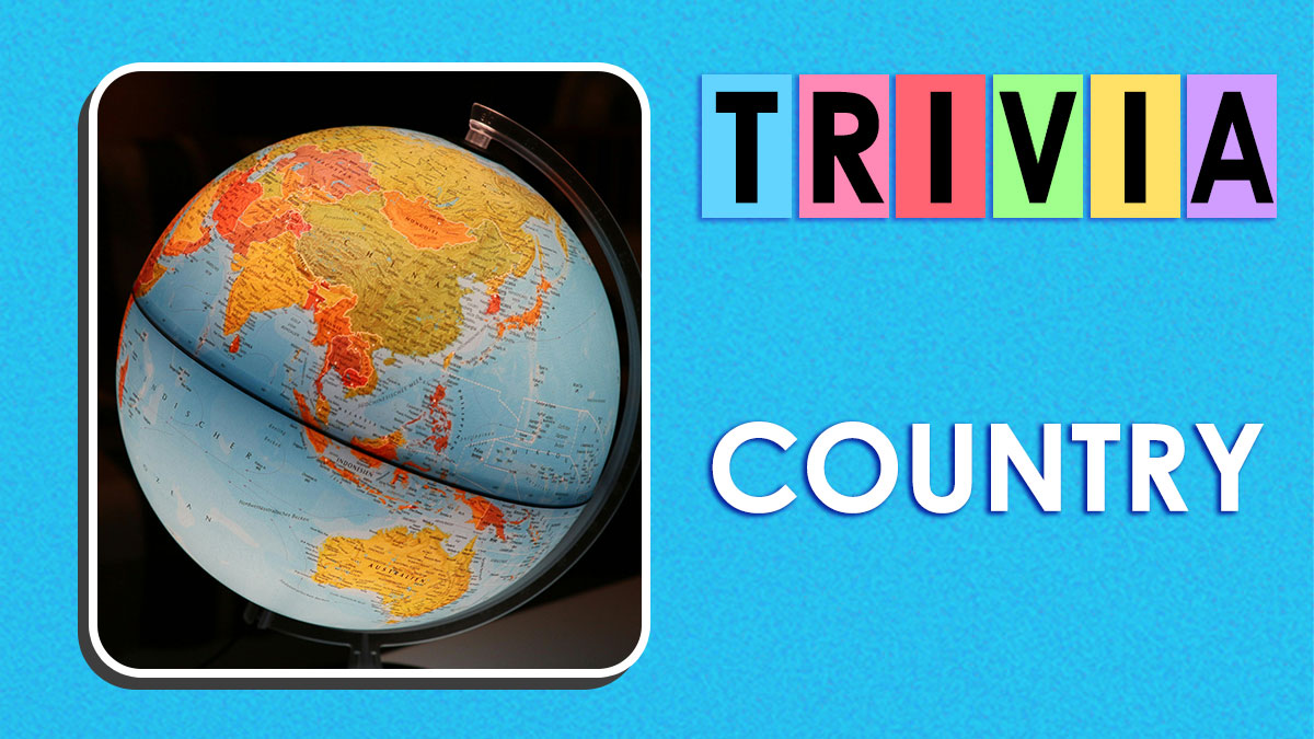 Globe showing countries in Asia and Australia with colorful trivia letters and the word country on blue background.