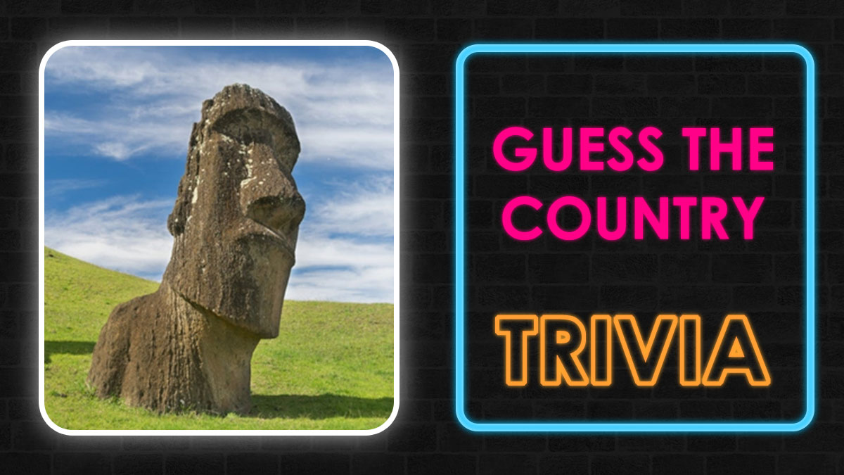 Easter Island statue on grass beside neon sign reading guess the country trivia for country guessing challenge