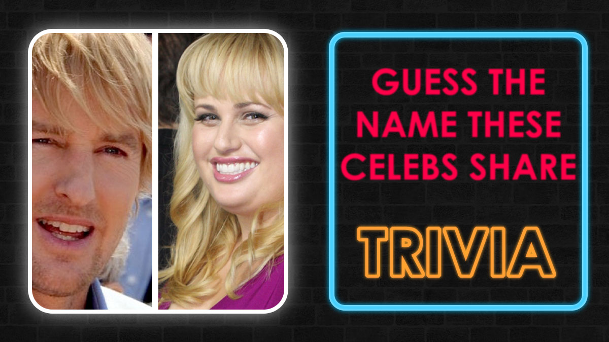 Split image with two blond celebrities on the left and neon text saying guess the name these celebs share trivia on right.