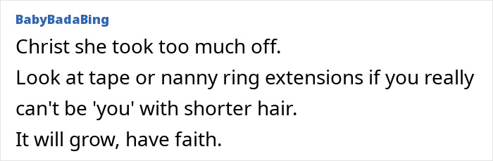 Text comment about getting too short haircut compared to father's passing, expressing shock and advice on hair extensions. Text comment about getting too short haircut compared to father's passing, expressing shock and advice on hair extensions.