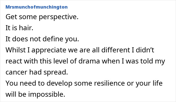 Screenshot of a social media comment discussing resilience after getting a too short haircut, comparing it to emotional pain. Screenshot of a social media comment discussing resilience after getting a too short haircut, comparing it to emotional pain.