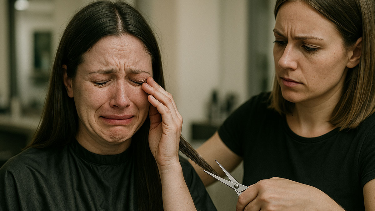 Woman crying while getting a too short haircut, highlighting emotional impact and netizens' stunned reactions.