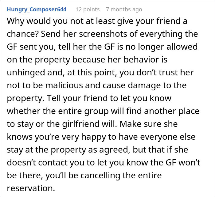 Text message advising a woman to cancel her friend’s holiday booking due to harassment from her brother’s girlfriend. Text message advising a woman to cancel her friend’s holiday booking due to harassment from her brother’s girlfriend.