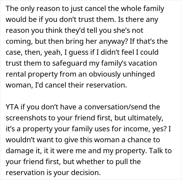 Woman considers canceling friend’s holiday booking due to concerns about safety from bro’s girlfriend harassment. Woman considers canceling friend’s holiday booking due to concerns about safety from bro’s girlfriend harassment.