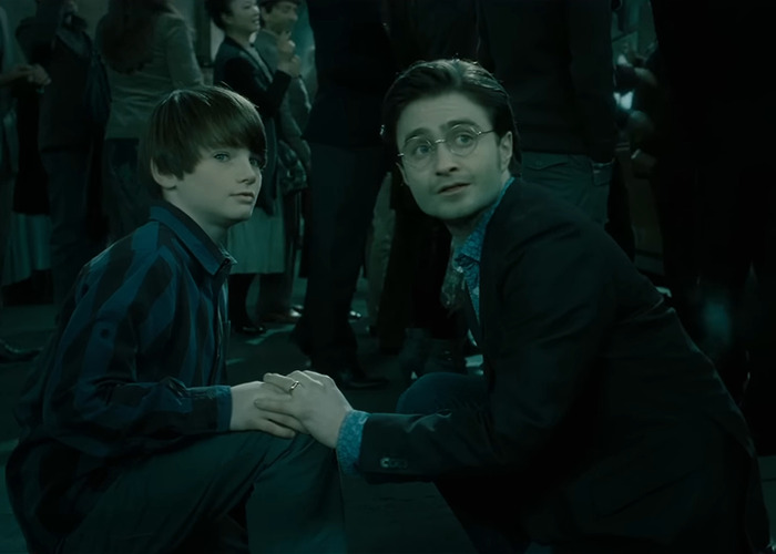 Two characters resembling Harry Potter and a young boy, from a fan-made Harry Potter and the Cursed Child trailer. Two characters resembling Harry Potter and a young boy, from a fan-made Harry Potter and the Cursed Child trailer.