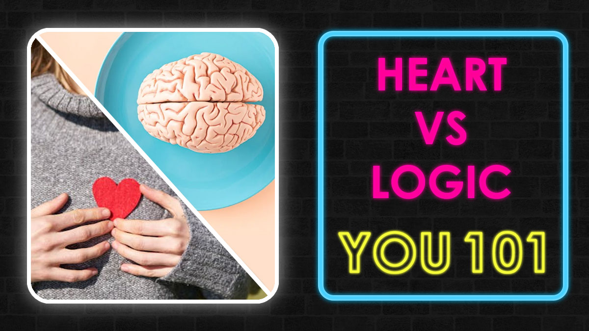 Split image showing a person holding a red heart and a brain on a plate with heart vs logic text.