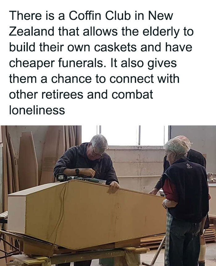 Elderly people building a coffin together at a Coffin Club in New Zealand to combat loneliness and connect.