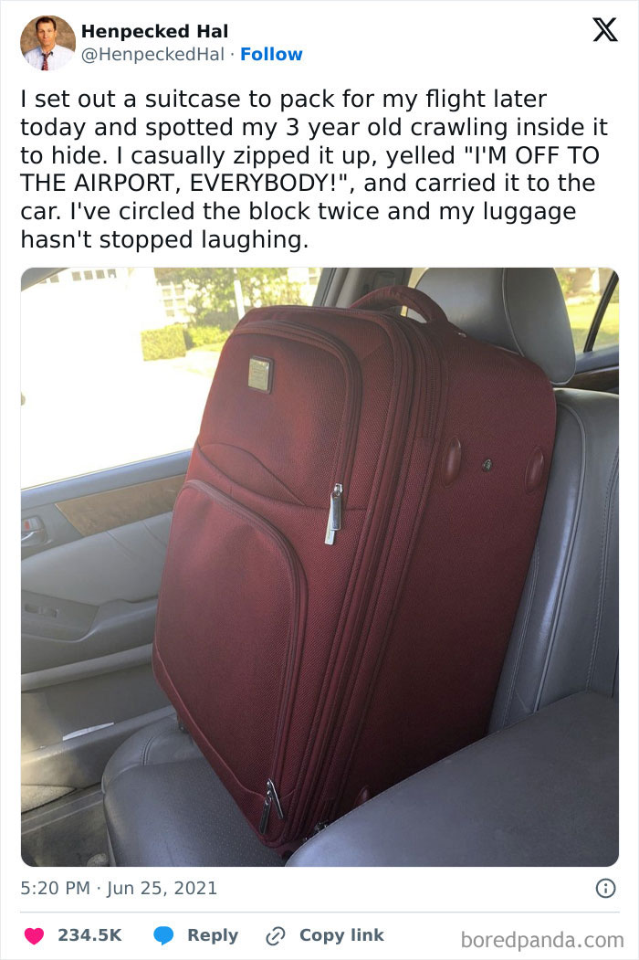 Suitcase in car seat humorously packed with a child inside, showcasing one of the funniest parents ever moments.