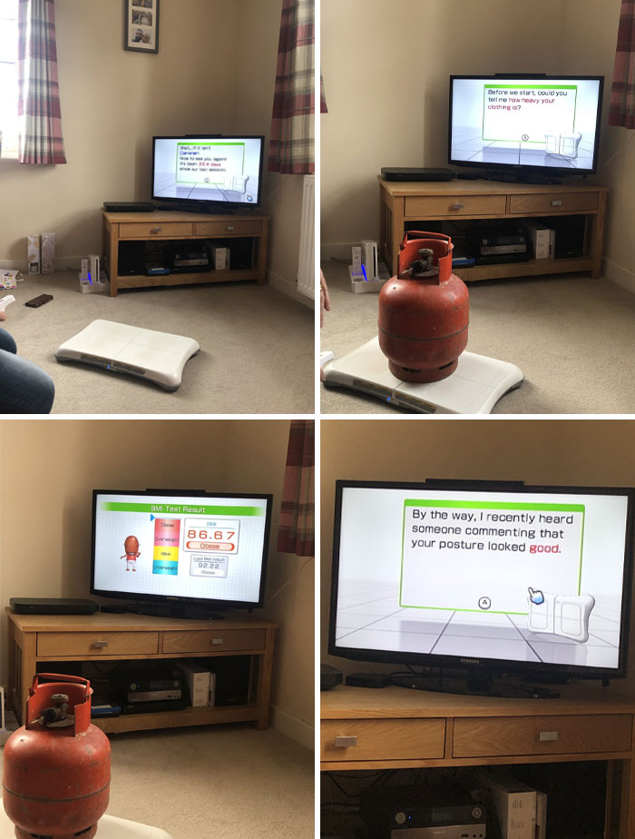 Collage of a living room with a Wii Fit board and a gas cylinder on it showing funny parents' playful BMI test prank.