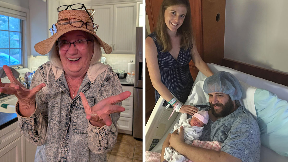 Smiling older woman with multiple glasses on her hat and proud new parents with newborn baby in hospital room.