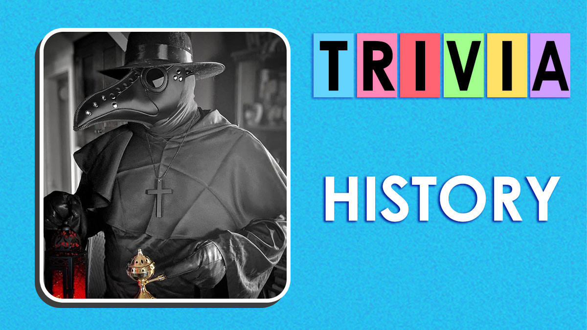 Black and white image of a person in a plague doctor costume holding a lantern for history IQ trivia quiz.