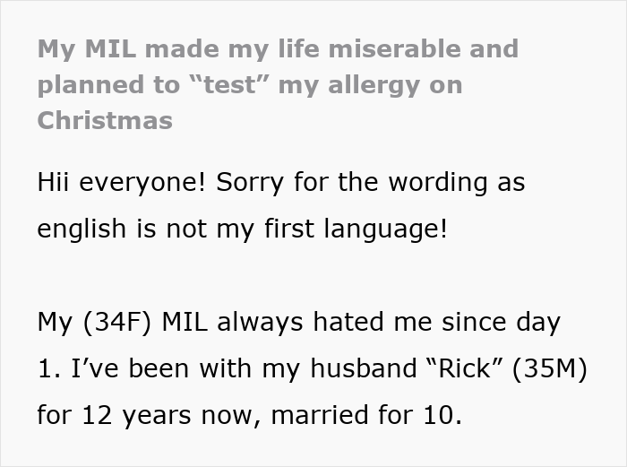 Text excerpt explaining a woman’s story about her life-threatening allergy and conflict with her mother-in-law leading to no-contact. Text excerpt explaining a woman’s story about her life-threatening allergy and conflict with her mother-in-law leading to no-contact.