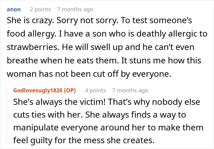 Online discussion about a woman going no-contact with her mother-in-law after testing life-threatening allergy boundaries. Online discussion about a woman going no-contact with her mother-in-law after testing life-threatening allergy boundaries.