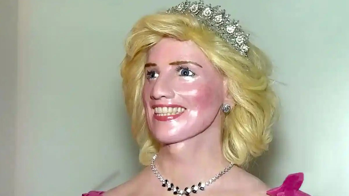 Wax sculpture of a famous figure with blonde hair and a tiara, showcasing creepy and hilarious artist craftsmanship.