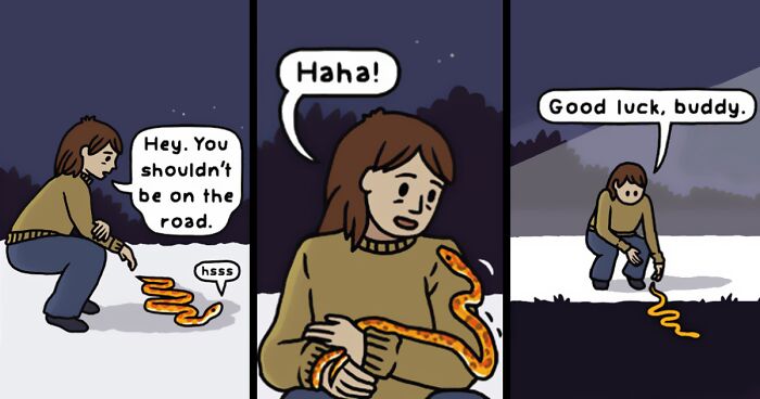 Person interacting with a snake in a comic by Rosemary Mosco illustrating why nature is funnier than you think.