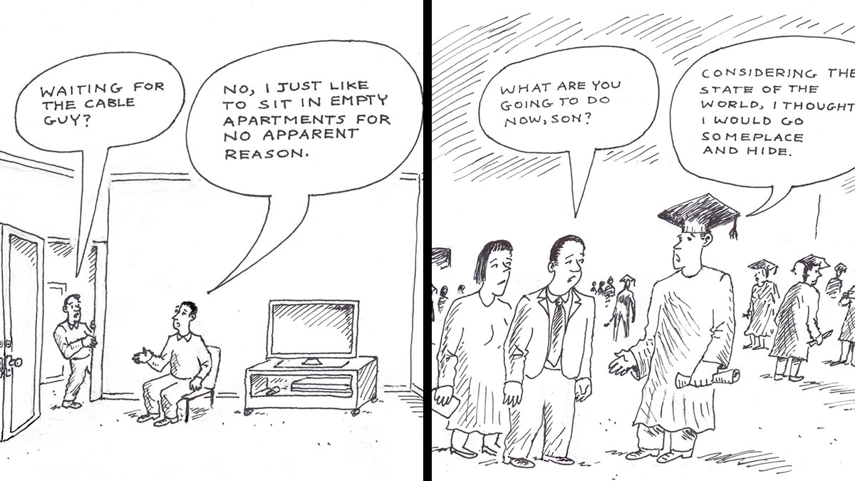 Two-panel comic by Marc Bilgrey showing everyday irony in simple black and white line drawings with conversational speech bubbles.